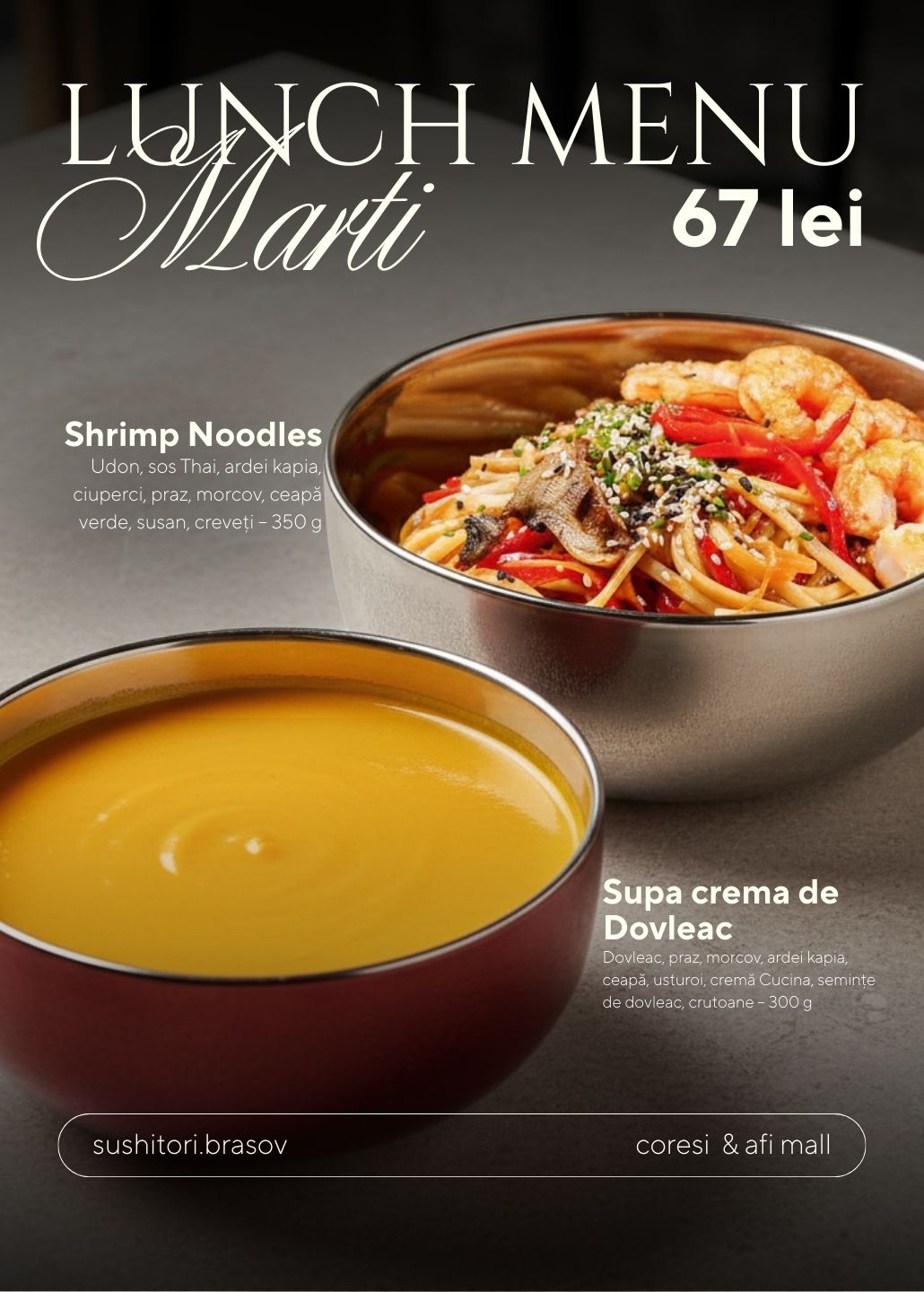 Lunch Meniu Marți: Supă cremă de dovleac, Shrimp Noodles