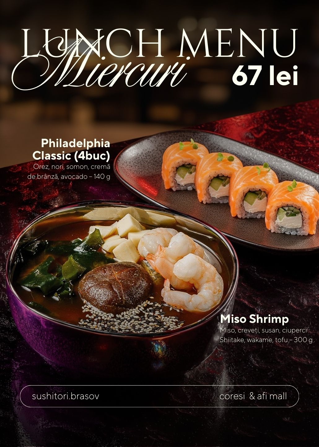 Lunch Meniu Miercuri: Miso Creveți, Philadelphia Clasic