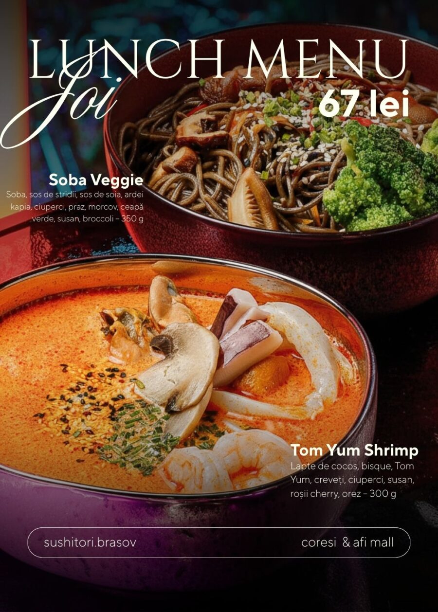 Lunch Meniu Joi: Shrimp Tom Yum, Veggie Soba