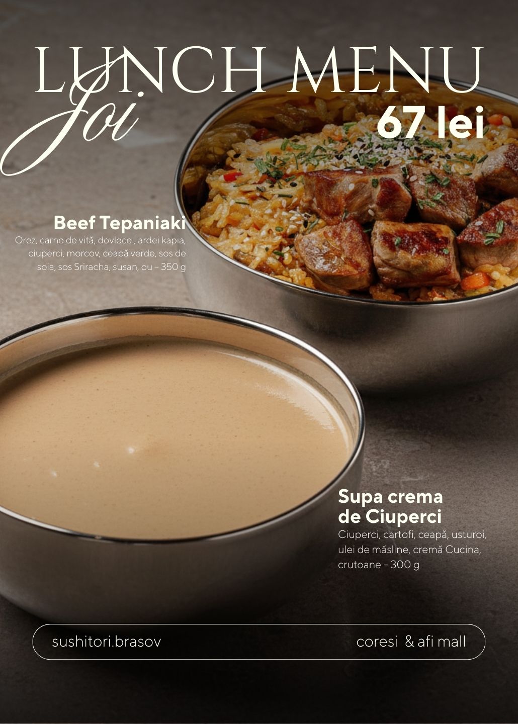 Lunch Meniu Joi: Supă cremă de ciuperci, Beef Teppanyaki