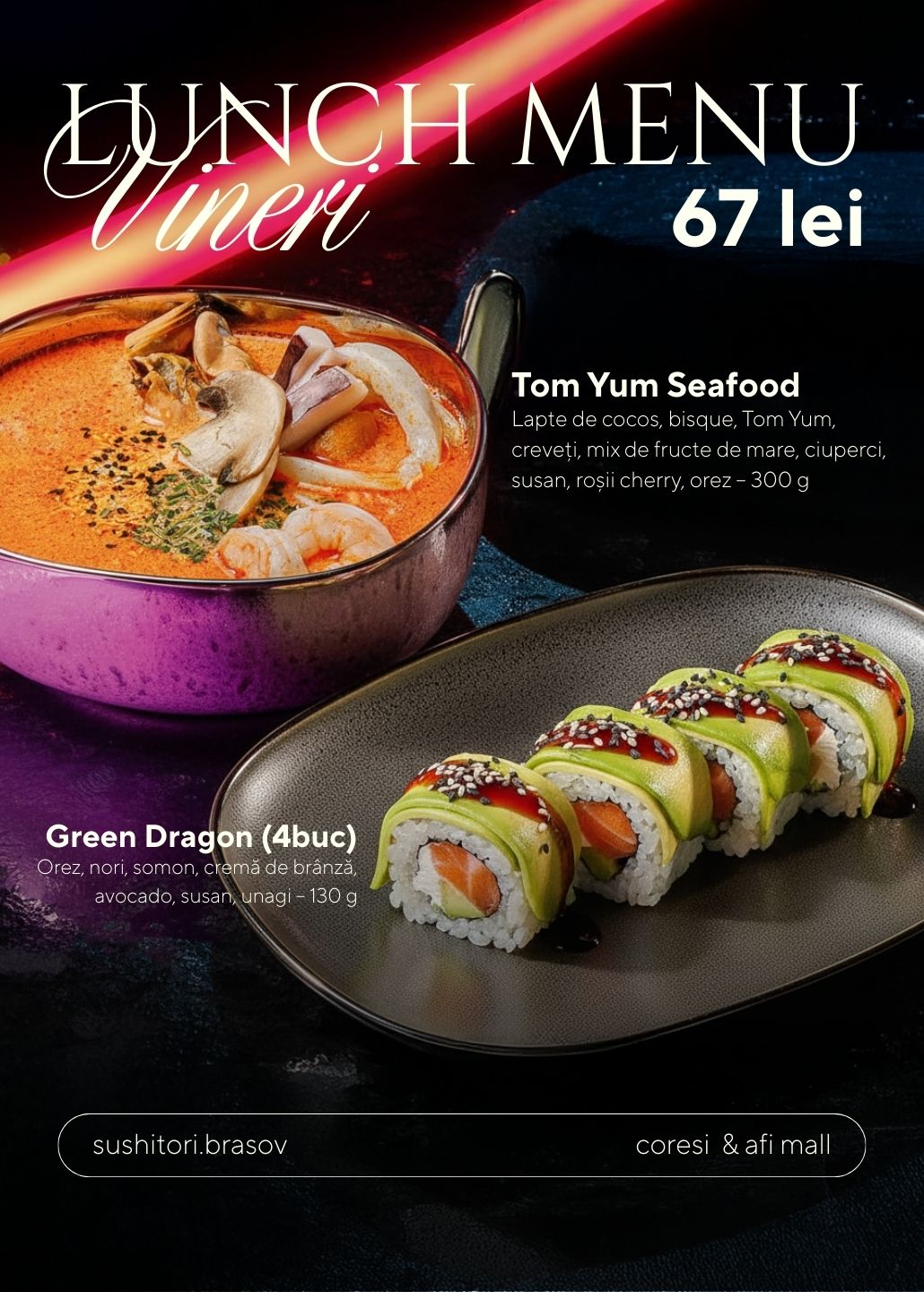 Lunch Meniu Vineri: Seafood Tom Yum, Green Dragon (4buc)